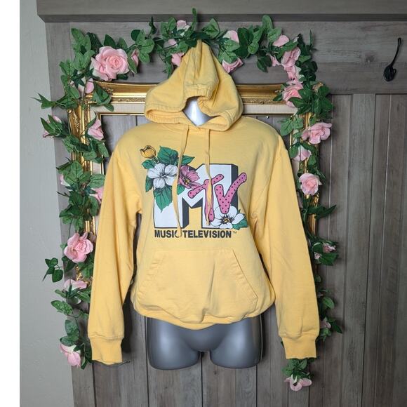 MTV Tops - MTV Yellow Floral Logo Graphic Print Fleece Pullover Hoodie Women's XS Pockets